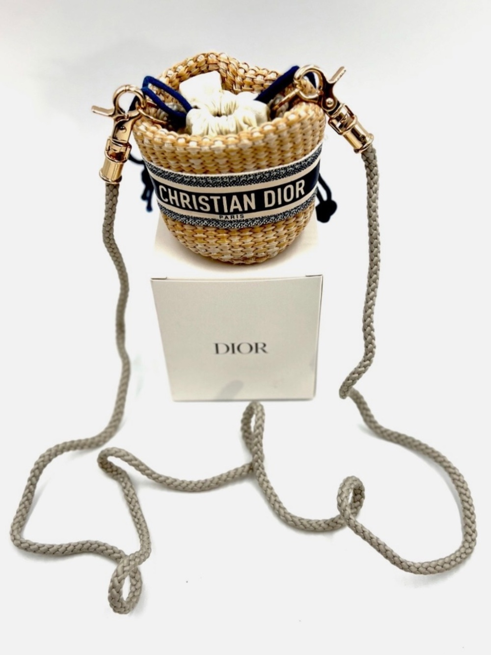 Dior Beige Woven Round Crossbody with Navy Logo Band and strap